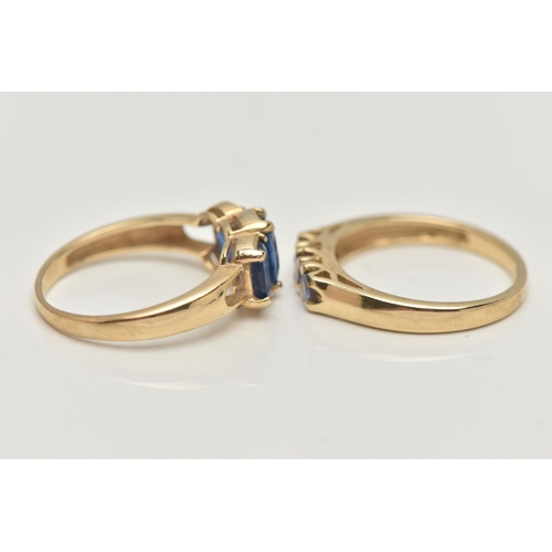 4 - TWO 9CT GOLD GEM SET RINGS, the first designed as a line of three circular cut tanzanite, the second... 