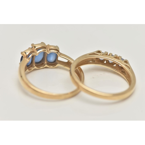 4 - TWO 9CT GOLD GEM SET RINGS, the first designed as a line of three circular cut tanzanite, the second... 