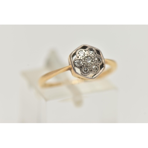 42 - AN 18CT YELLOW GOLD DIAMOND CLUSTER RING, set with single cut diamonds, grain set with a hexagonal s... 