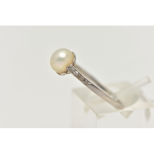 44 - A CULTURED PEARL AND DIAMOND RING, set with a cultured pearl, measuring approximately 6.7mm, to the ... 