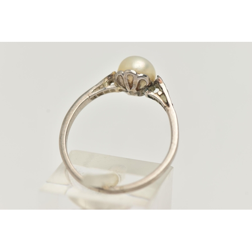 44 - A CULTURED PEARL AND DIAMOND RING, set with a cultured pearl, measuring approximately 6.7mm, to the ... 