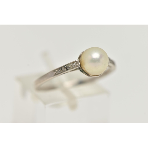 44 - A CULTURED PEARL AND DIAMOND RING, set with a cultured pearl, measuring approximately 6.7mm, to the ... 