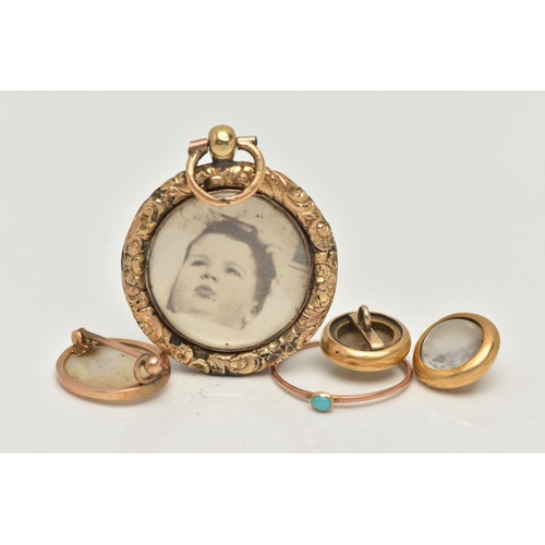 45 - FOUR PIECES OF JEWELLERY, to include a gold plated double photo circular pendant, with two pictures ... 