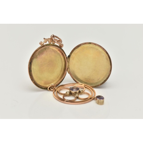 46 - AN EDWARDIAN ROSE METAL LAVALIER PENDANT AND A 9CT GOLD BACK AND FRONT LOCKET, open work circular pe... 