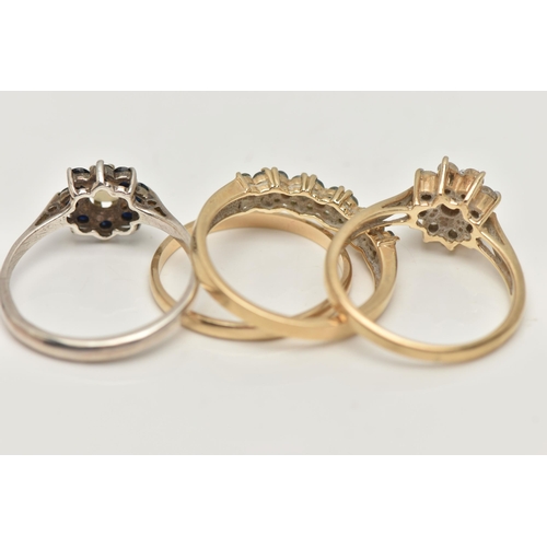 5 - FOUR RINGS, to include three 9ct gold rings, the first a plain band ring, ring size P, the second an... 