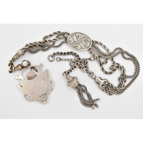 50 - A WHITE METAL ALBERTINA AND A SILVER FOB MEDAL, multi chain Albertina with sliding oval centre piece... 