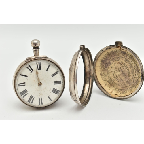 54 - A SILVER PAIR CASE POCKET WATCH, key wound movement, round dial, Roman numerals, plain silver case, ... 