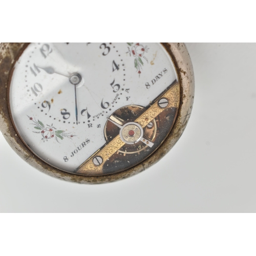 56 - AN EIGHT DAY OPEN FACE POCKET WATCH, hand wound movement, round dial with floral detail, Arabic nume... 