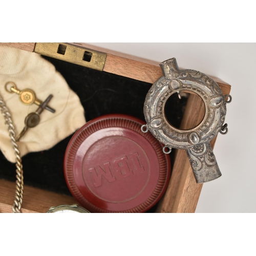 57 - A BOX OF ASSORTED POCKET WATCHES AND OTHER ITEMS, to include a silver cased open face pocket watch, ... 