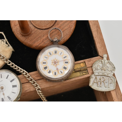 57 - A BOX OF ASSORTED POCKET WATCHES AND OTHER ITEMS, to include a silver cased open face pocket watch, ... 