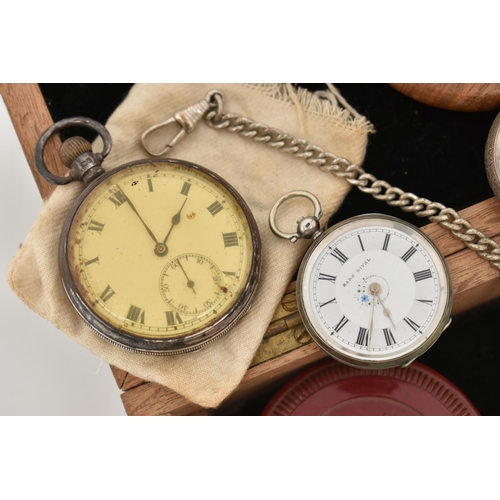 57 - A BOX OF ASSORTED POCKET WATCHES AND OTHER ITEMS, to include a silver cased open face pocket watch, ... 