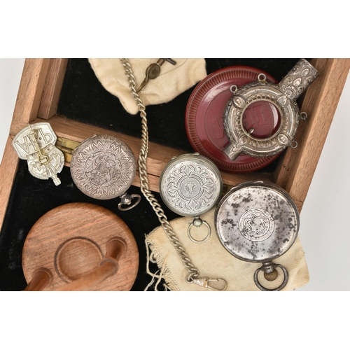 57 - A BOX OF ASSORTED POCKET WATCHES AND OTHER ITEMS, to include a silver cased open face pocket watch, ... 