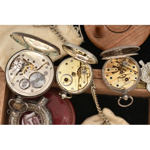 57 - A BOX OF ASSORTED POCKET WATCHES AND OTHER ITEMS, to include a silver cased open face pocket watch, ... 