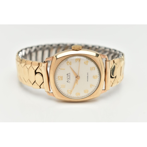 58 - A 9CT GOLD 'AVIA' WRISTWATCH, manual wind, round silver dial signed 'Avia 17 Jewels, Incabloc', Arab... 