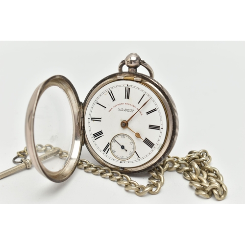 59 - A LATE VICTORIAN SILVER OPEN FACE POCKET WATCH AND ALBERT CHAIN, key wound, round white dial signed ... 