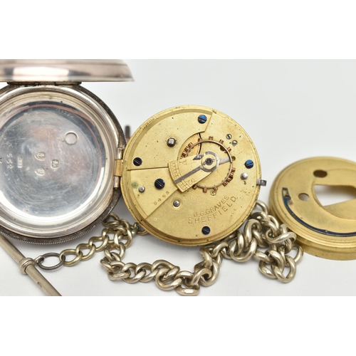 59 - A LATE VICTORIAN SILVER OPEN FACE POCKET WATCH AND ALBERT CHAIN, key wound, round white dial signed ... 