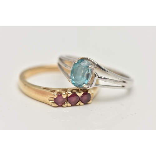 6 - TWO 9CT GOLD GEM SET RINGS, the first designed as a line of three circular cut garnets, the second d... 