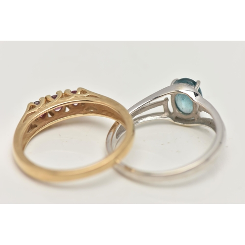 6 - TWO 9CT GOLD GEM SET RINGS, the first designed as a line of three circular cut garnets, the second d... 