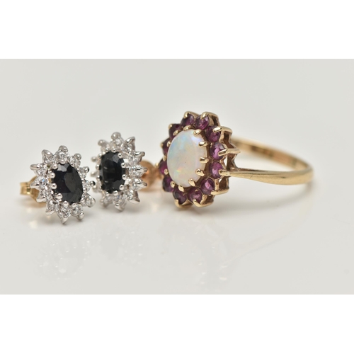 7 - A 9CT GOLD GEM SET RING AND A PAIR OF EAR STUDS, the ring designed as a central opal within a circul... 