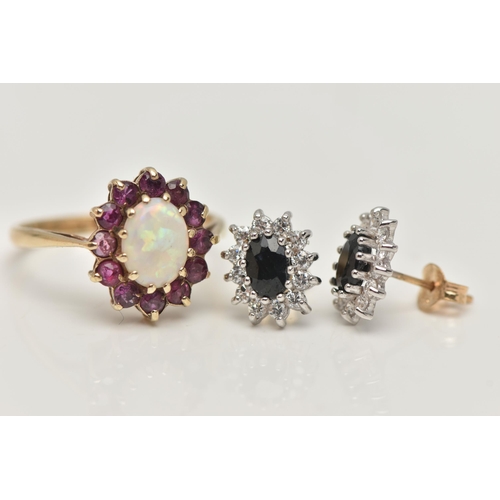 7 - A 9CT GOLD GEM SET RING AND A PAIR OF EAR STUDS, the ring designed as a central opal within a circul... 