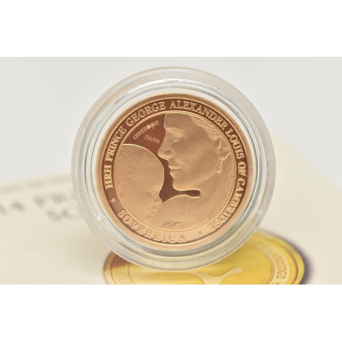 72 - A 2014 PRINCE GEORGE SOVEREIGN COIN, TDC 22ct gold proof, 8 gram, 22mm, 999 mintage