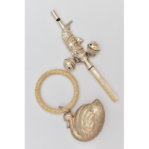 86 - TWO BABY RATTLES, the first a silver rattle in the form of a Jester, fitted with two bells and a whi... 