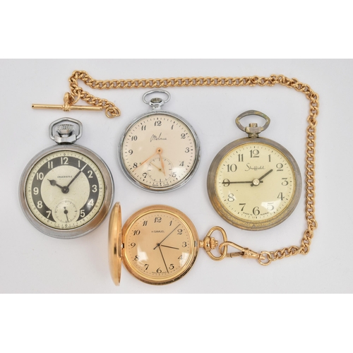 88 - FOUR POCKET WATCHES, to include a base metal, manual wind 'Ingersoll' pocket watch, an AF 'Sheffield... 