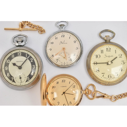 88 - FOUR POCKET WATCHES, to include a base metal, manual wind 'Ingersoll' pocket watch, an AF 'Sheffield... 