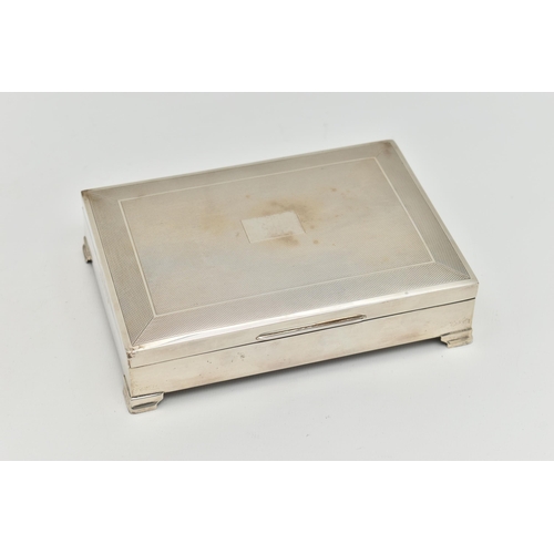 101 - AN ELIZABETH II SILVER CIGARETTE BOX, rectangular engine turned pattern box with vacant cartouche, r... 