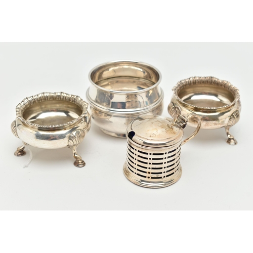 104 - A PAIR OF SILVER SALTS, SILVER MUSTARD AND A POT, cauldron shape salts with gadrooned rims, each rai... 