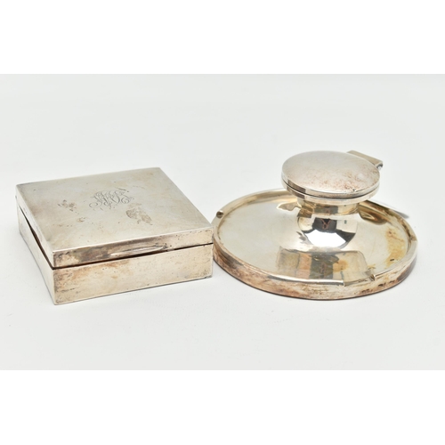 105 - A SILVER CAPSTAN INK WELL AND A CIGARETTE BOX, circular weighted base ink well with hinged cover, gl... 