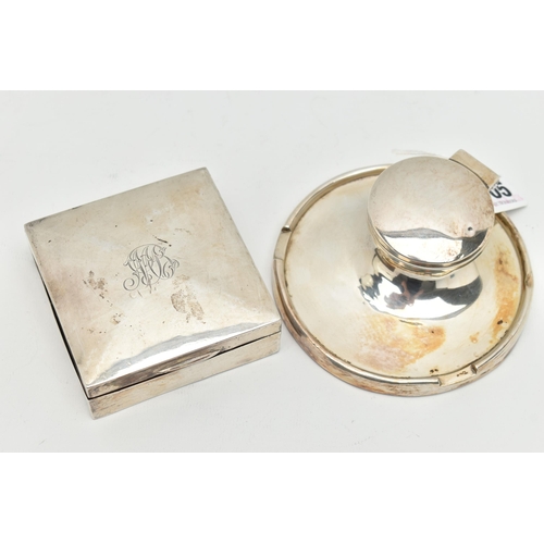 105 - A SILVER CAPSTAN INK WELL AND A CIGARETTE BOX, circular weighted base ink well with hinged cover, gl... 