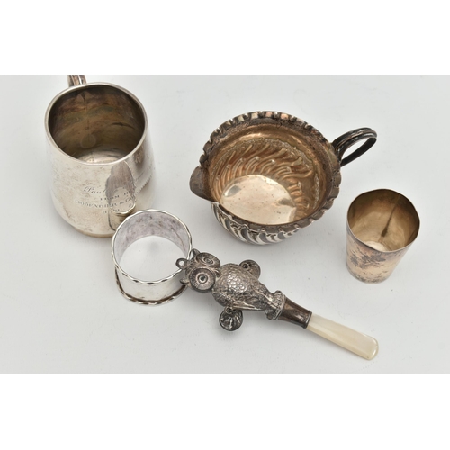 109 - FIVE ITEMS OF SILVER, to include a silver christening cup, personal engraving reads 'Pauline Ann fro... 