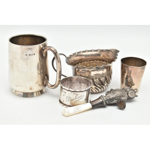 109 - FIVE ITEMS OF SILVER, to include a silver christening cup, personal engraving reads 'Pauline Ann fro... 