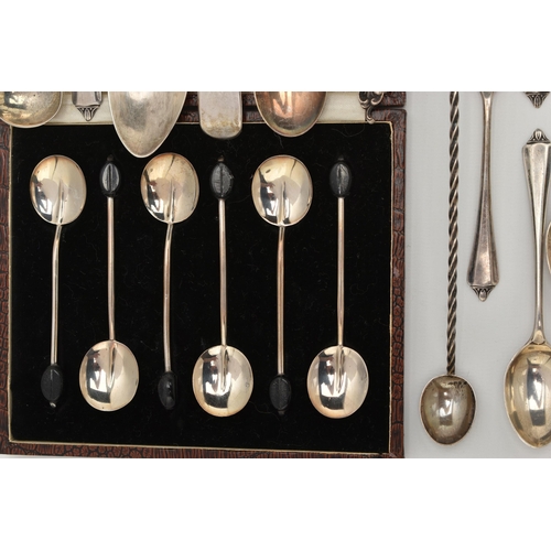 110 - ASSORTED SILVER SPOONS, to include a cased silver spoon, shell detail to the handle, hallmarked 'C W... 