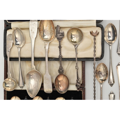 110 - ASSORTED SILVER SPOONS, to include a cased silver spoon, shell detail to the handle, hallmarked 'C W... 