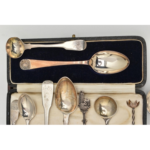 110 - ASSORTED SILVER SPOONS, to include a cased silver spoon, shell detail to the handle, hallmarked 'C W... 