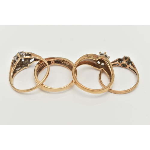 111 - A COLLECTION OF FOUR 9CT YELLOW GOLD GEM SET AND DIAMOND RINGS, to include a diamond crossover band ... 