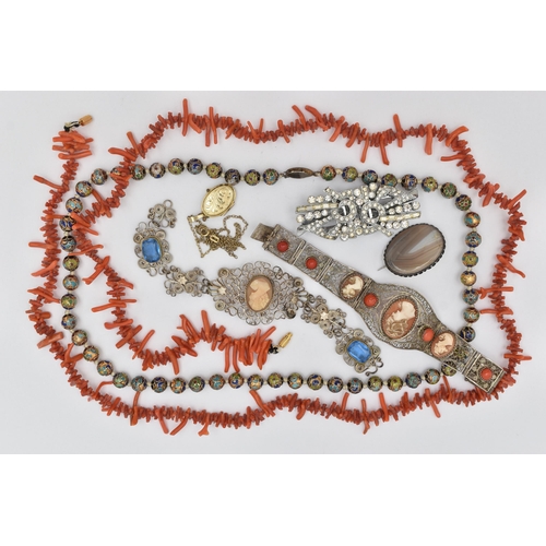 116 - A SMALL BAG OF ASSORTED JEWELLERY, to include a coral branch bead necklace, fitted with a base metal... 