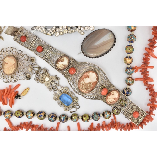 116 - A SMALL BAG OF ASSORTED JEWELLERY, to include a coral branch bead necklace, fitted with a base metal... 