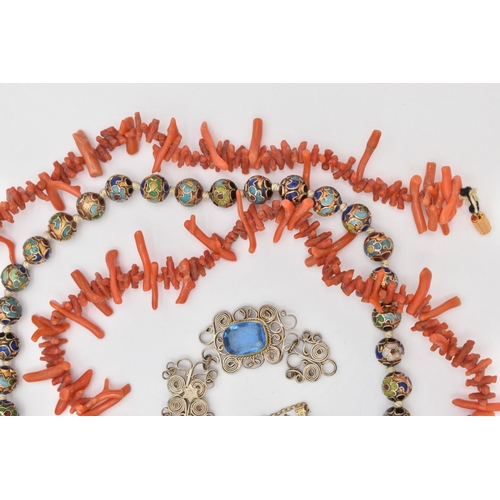 116 - A SMALL BAG OF ASSORTED JEWELLERY, to include a coral branch bead necklace, fitted with a base metal... 