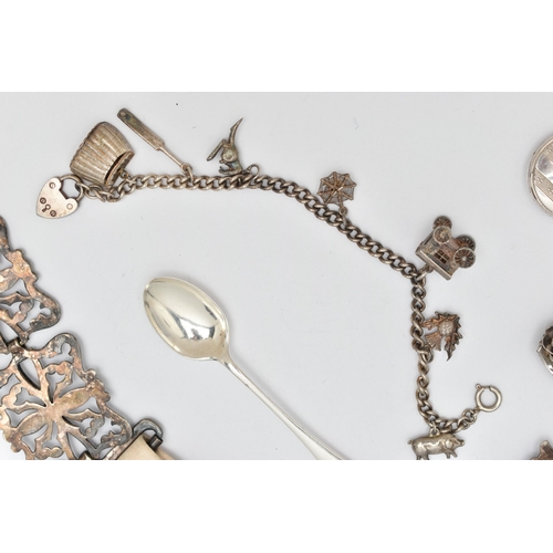 118 - A SELECTION OF JEWELLERY AND AN EPNS NURSES BELT, to include a white metal charm bracelet fitted wit... 