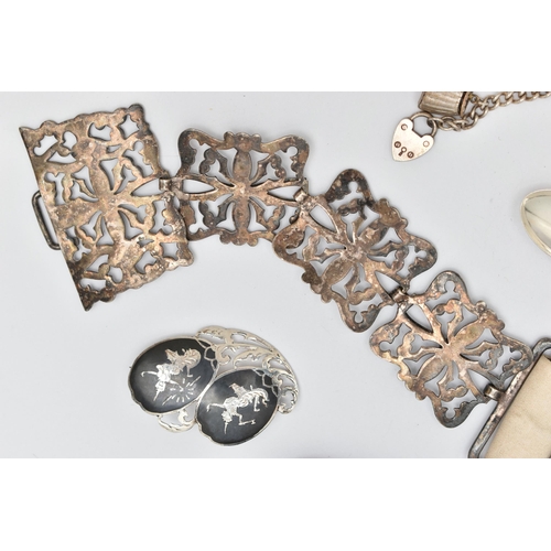 118 - A SELECTION OF JEWELLERY AND AN EPNS NURSES BELT, to include a white metal charm bracelet fitted wit... 