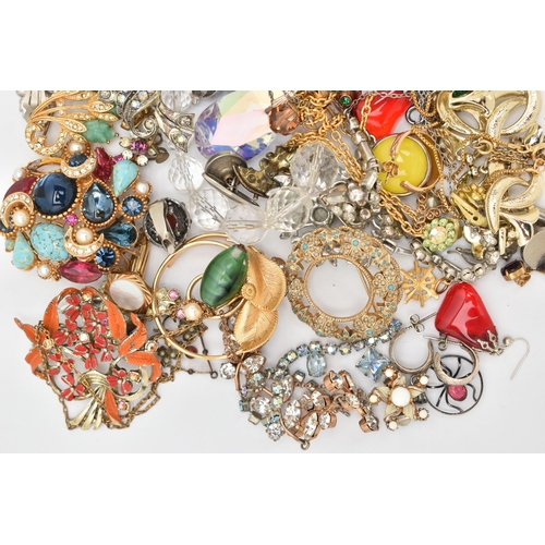 119 - A SMALL PLASTIC BOX OF COSTUME JEWELLERY, to include a white metal red paste set spider pendant, sta... 