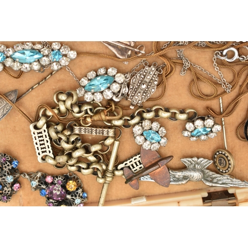 121 - A BOX OF ASSORTED JEWELLERY, to include a white metal fancy link Albert chain fitted with a T-bar, m... 