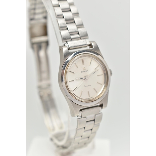 122 - A LADIES 'OMEGA GENEVE' WRISTWATCH WITH BOX AND PAPERS, round silvered dial signed 'Omega, Geneve', ... 