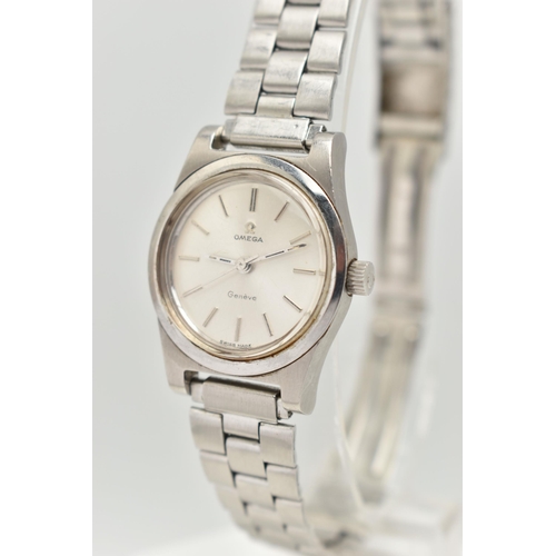 122 - A LADIES 'OMEGA GENEVE' WRISTWATCH WITH BOX AND PAPERS, round silvered dial signed 'Omega, Geneve', ... 