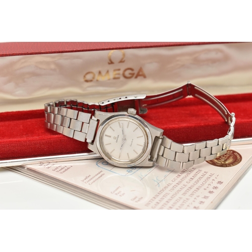 122 - A LADIES 'OMEGA GENEVE' WRISTWATCH WITH BOX AND PAPERS, round silvered dial signed 'Omega, Geneve', ... 