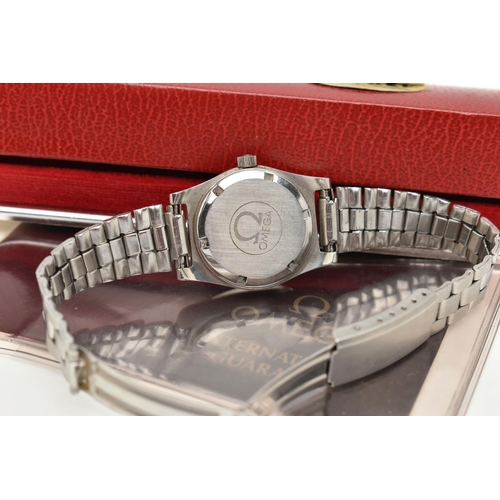 122 - A LADIES 'OMEGA GENEVE' WRISTWATCH WITH BOX AND PAPERS, round silvered dial signed 'Omega, Geneve', ... 