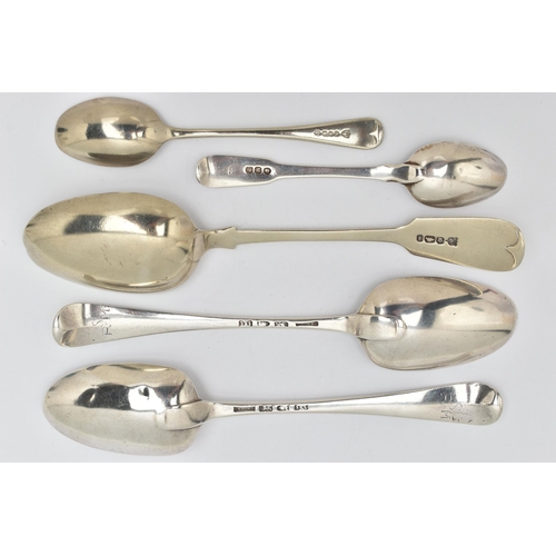 128 - TWO GEORGE III SILVER TABLESPOONS, A SILVER TEASPOON AND TWO OTHERS, Hanoverian tablespoons, engrave... 